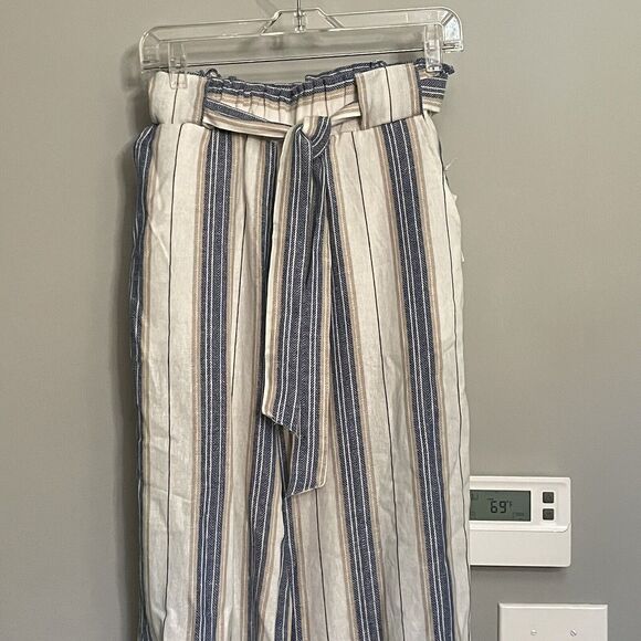 Indigo Rein Pants Linen Blend Striped Belted Waist Cropped Sz Medium NWT - Picture 3 of 12